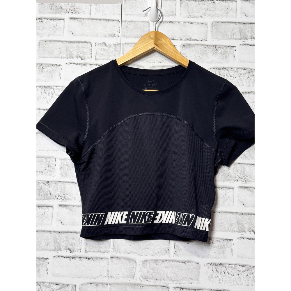 Nike‎ Dri-FIT Womens Black Mesh Crop Top Training Shirt AQ0065-010 Medium